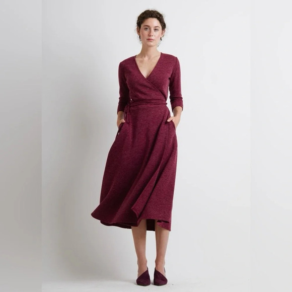 Christine Alcalay Small Wrap Sweater Dress Burgundy Midi Length Pockets - Picture 1 of 14